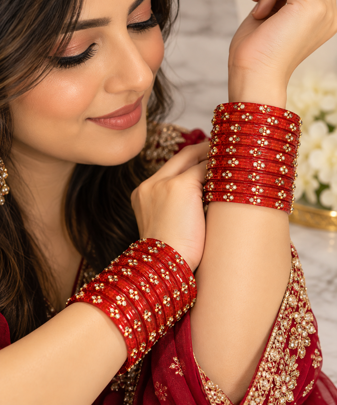 Red Glitter Glass Bangles – Set of 12 Pairs | Size 2.8