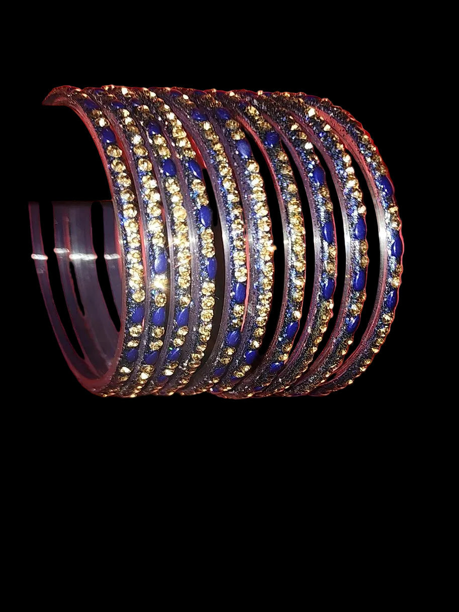 Navy Blue Glass Bangles with Gold Rhinestone Embellishments – Set of 10, Size 2.8