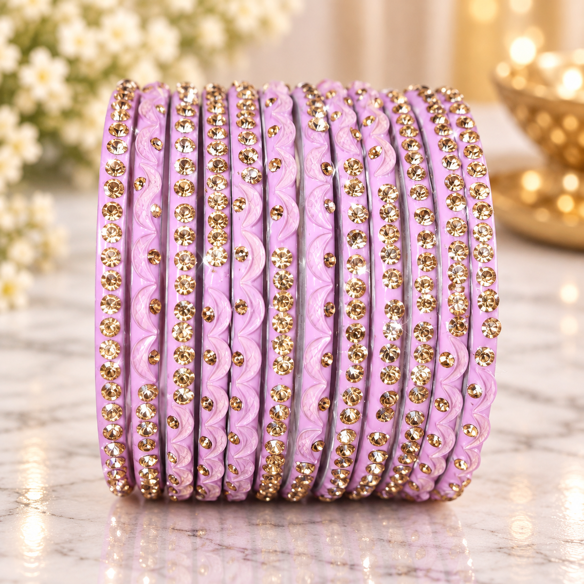 Lavender Pink & Gold Rhinestone Bangles – Set of 12
