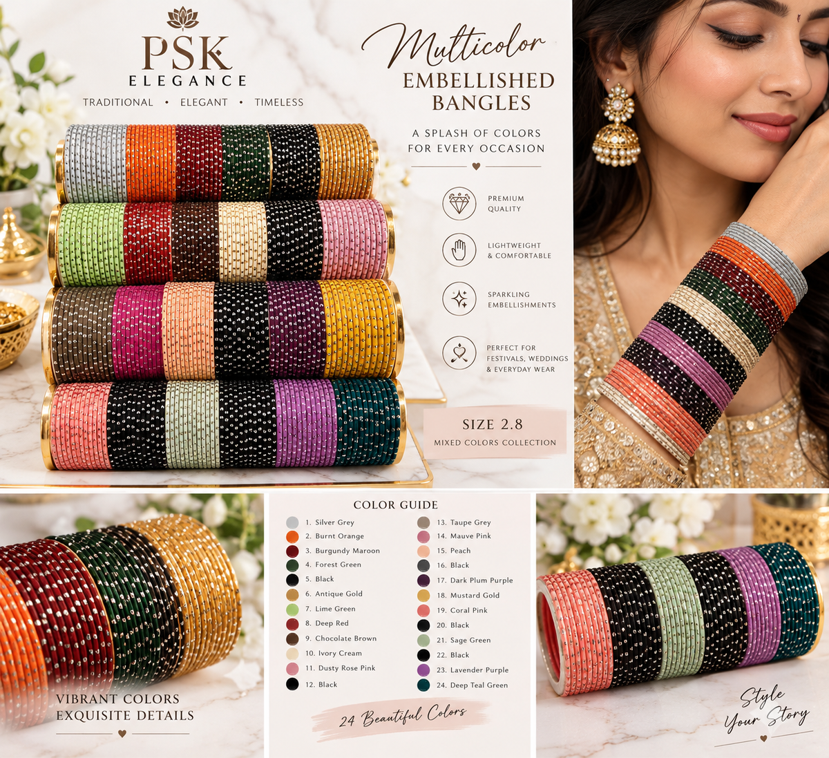 Multicolor Embellished Bangles – Sparkling Indian Festive. Metallic Bangles