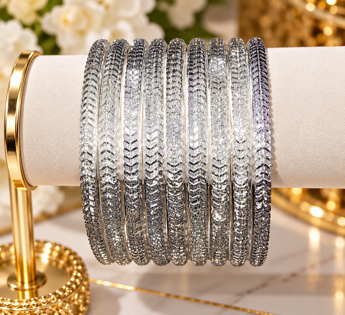 Silver-Clear Glitter Glass Bangles