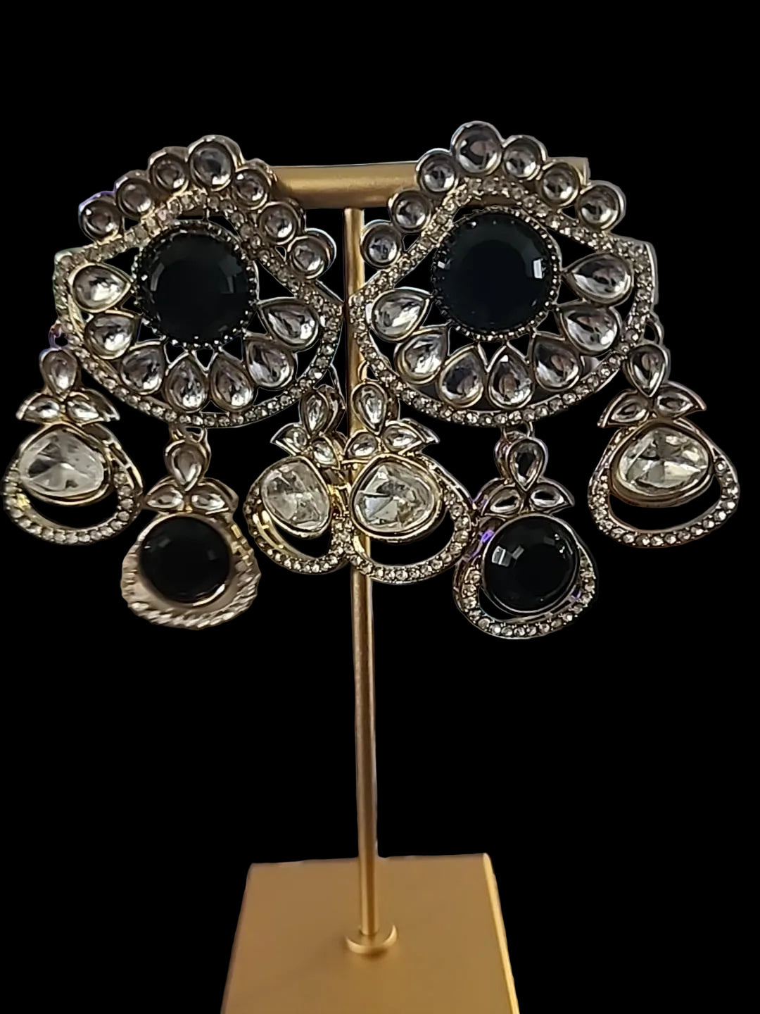 Gold-Tone Black & Clear Stone Statement Earrings
