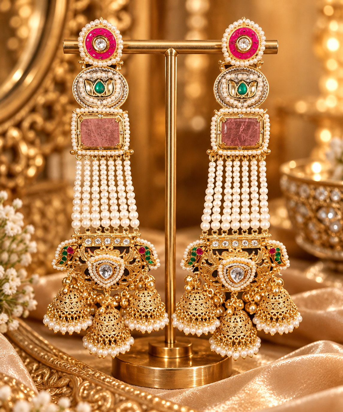 Pink & Green Pearl Jhumka Statement Earrings