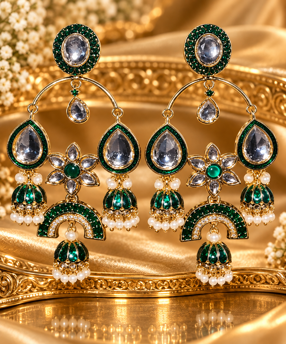Emerald Green & Crystal Gold Statement Jhumka