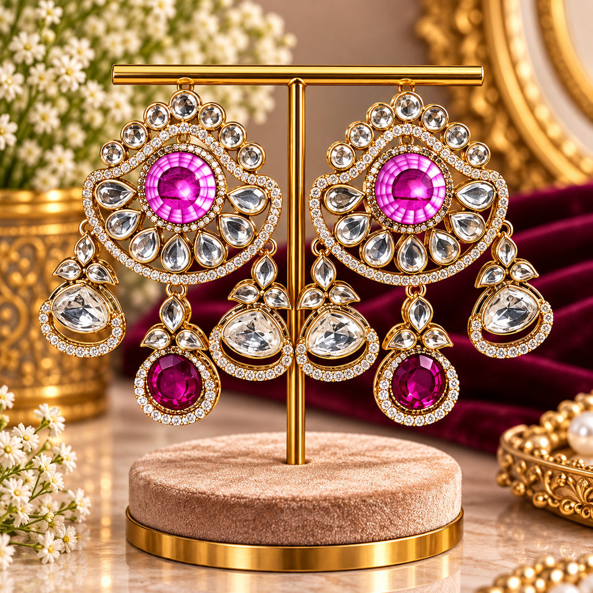Fuchsia Pink Statement Chandelier Earrings