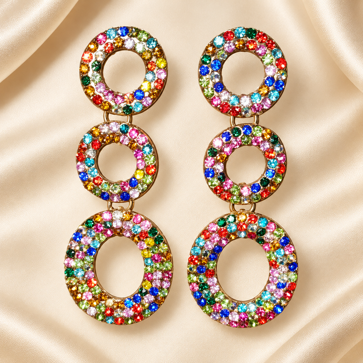 Multicolor Rhinestone Triple Circle Drop Earrings