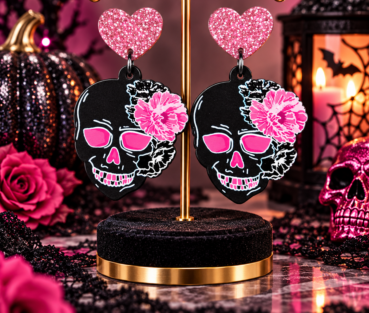 Pink Floral Skull & Heart Earrings