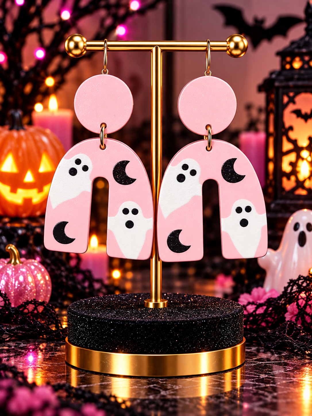 Pink Ghost & Moon Arch Earrings
