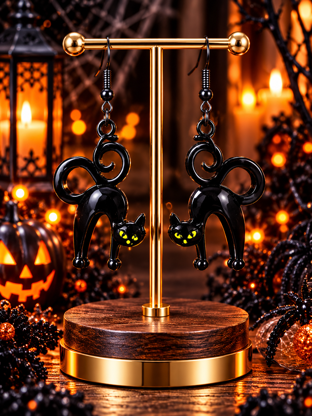 Spooky Black Cat Dangle Earrings