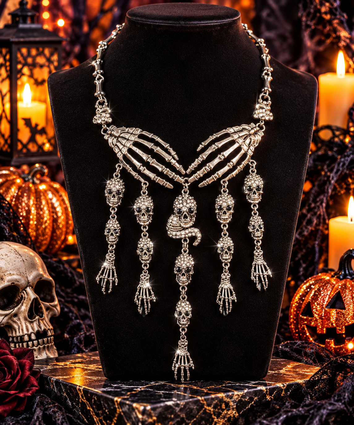 Gothic Skull & Skeletal Hand Statement Necklace