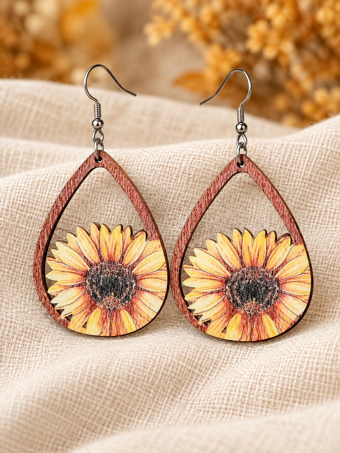 Handcrafted Sunflower Wooden Dangle Earrings