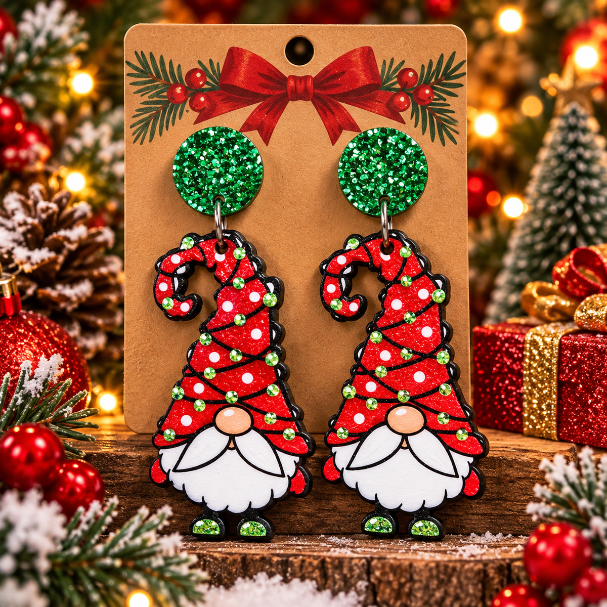 Christmas Gnome Glitter Dangle Earrings