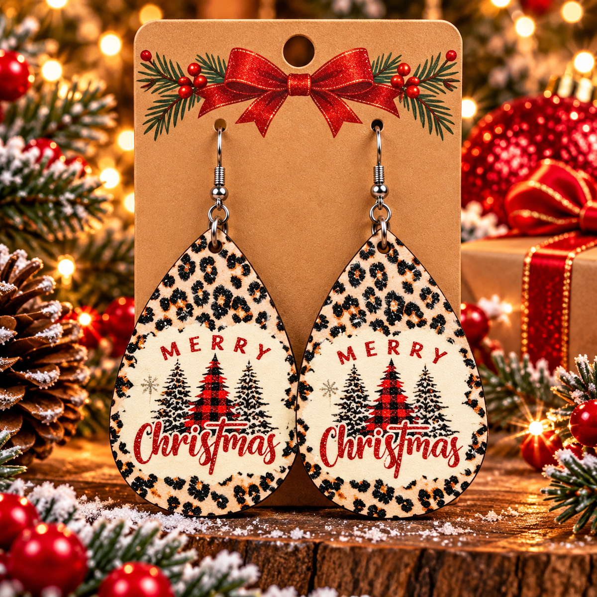 Merry Christmas Leopard Print Teardrop Earrings