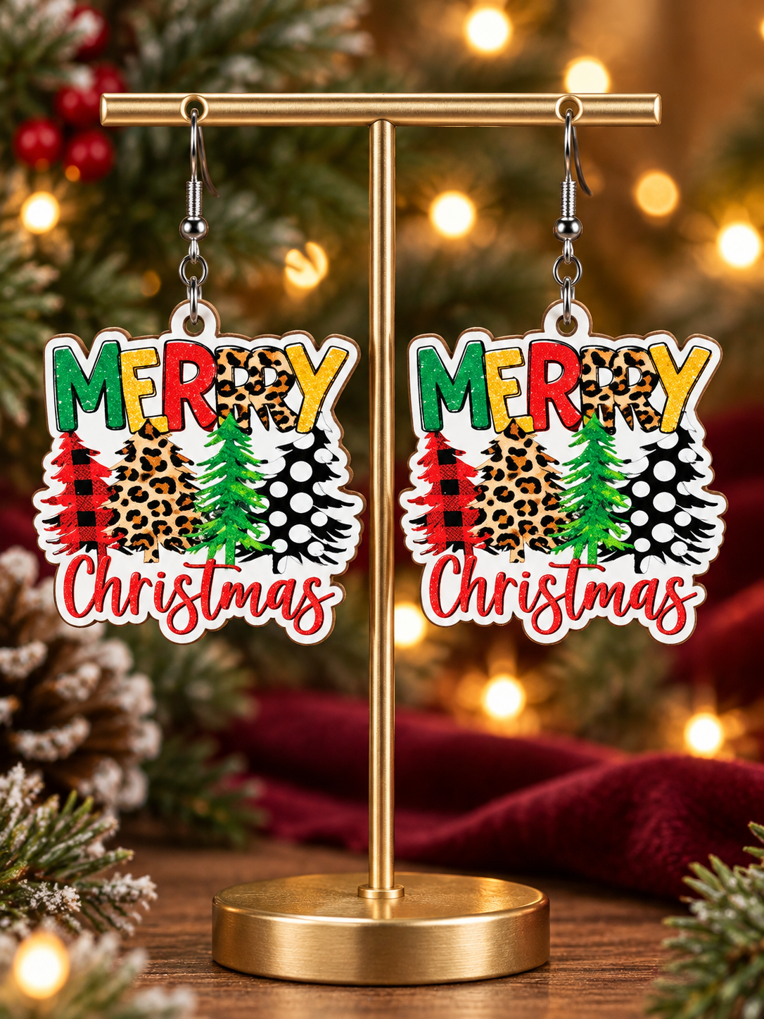 Merry Christmas Leopard Print Dangle Earrings
