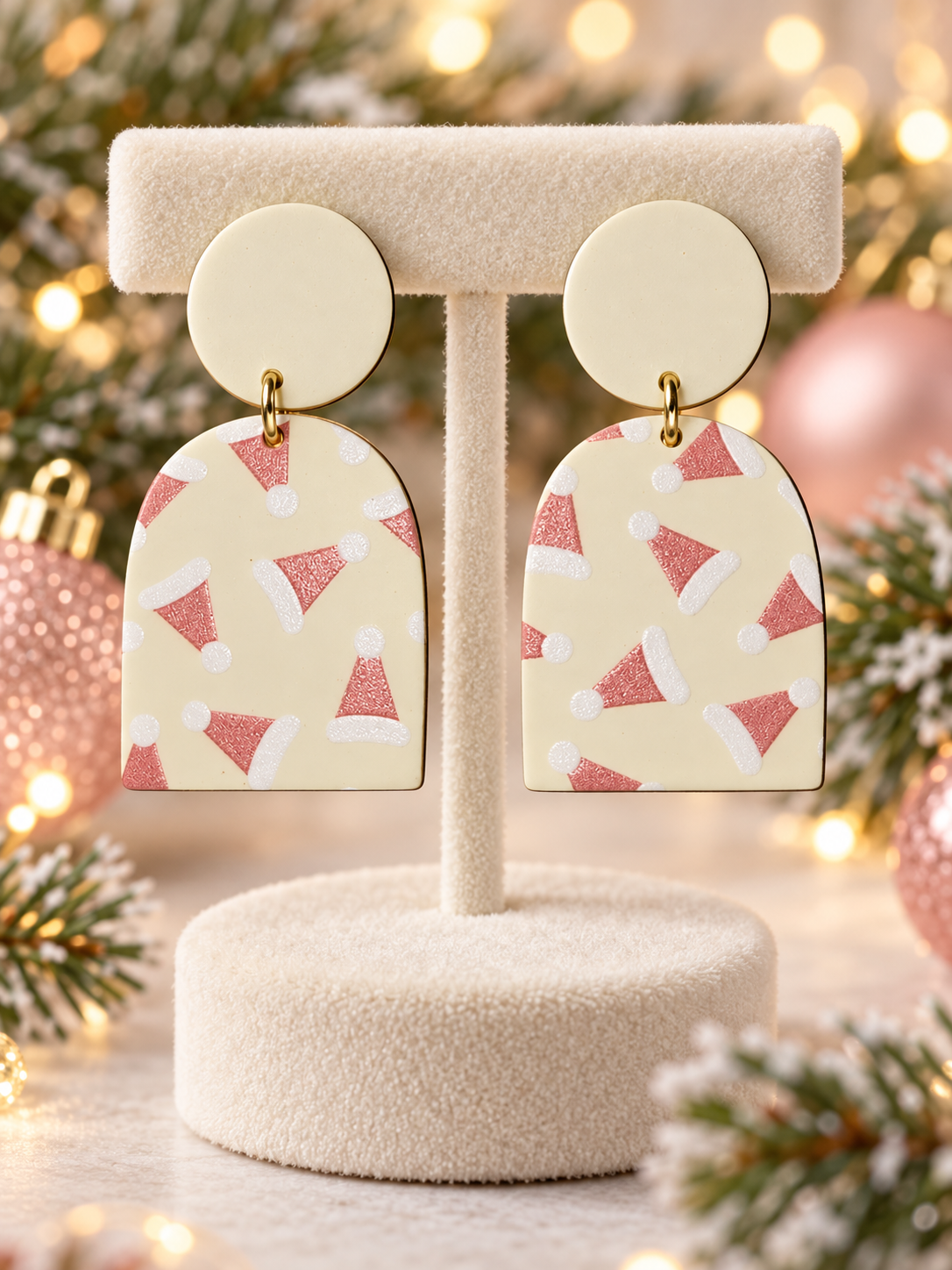 Pink Santa Hat Christmas Dangle Earrings