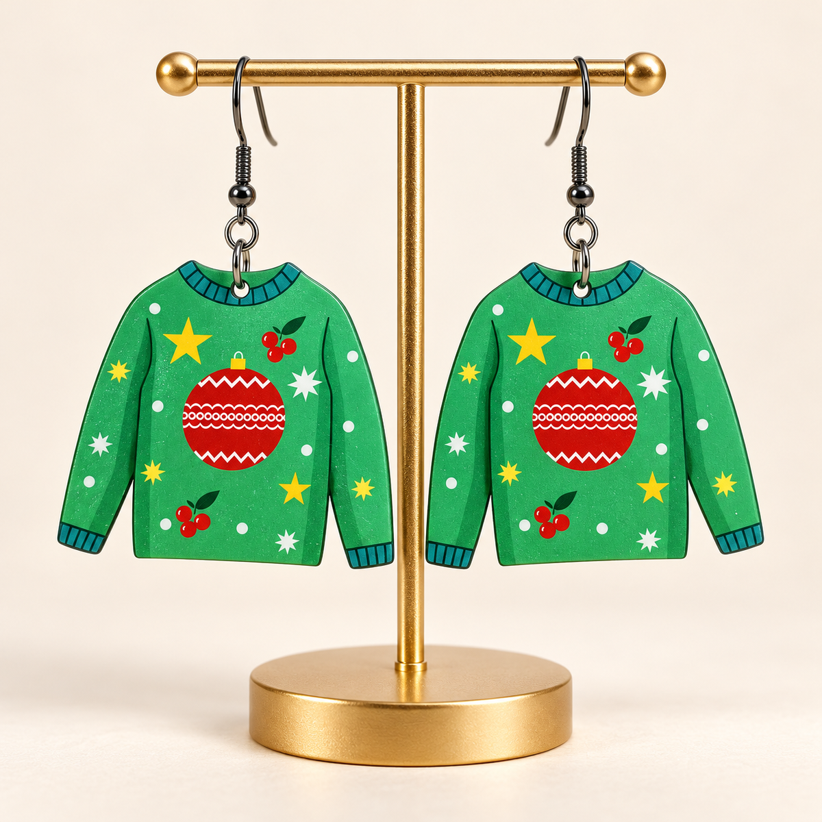 Green Christmas Sweater Dangle Earrings