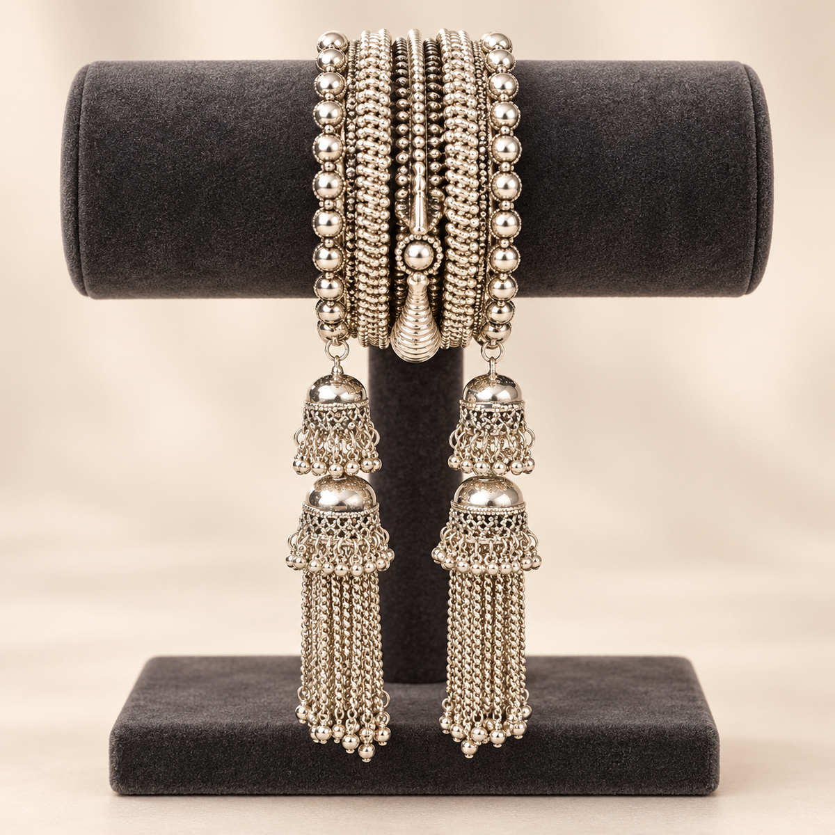 Silver-Tone Statement Bangles with Jhumka Tassels