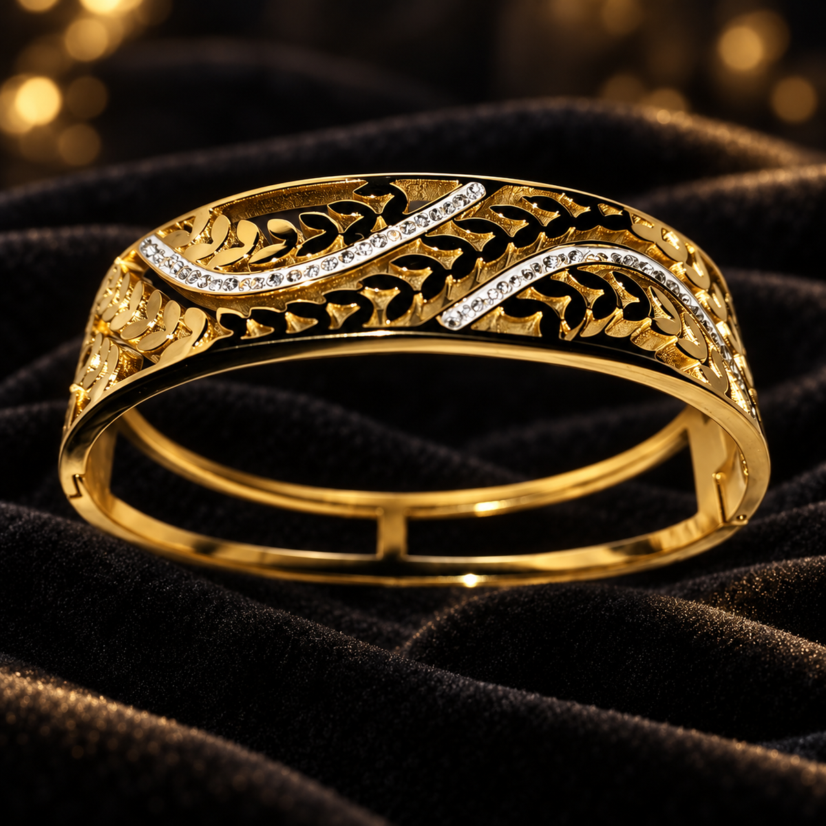 Gold-Tone Leaf & Sparkling Wave Bangle Bracelet