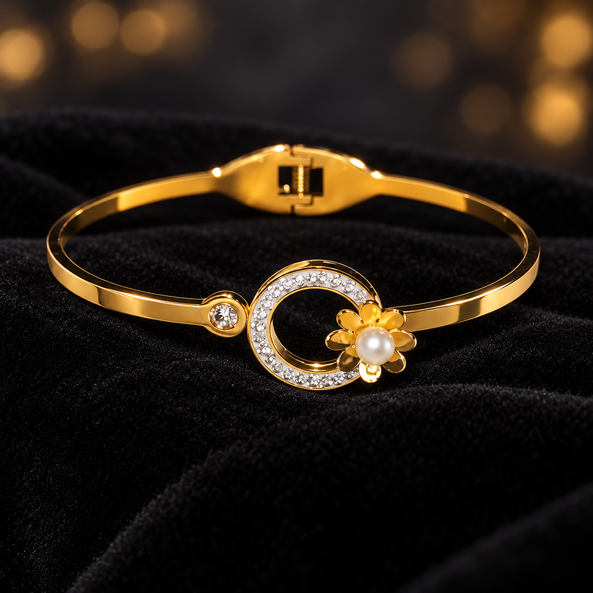 Gold-Tone Pearl-Style Flower Bangle