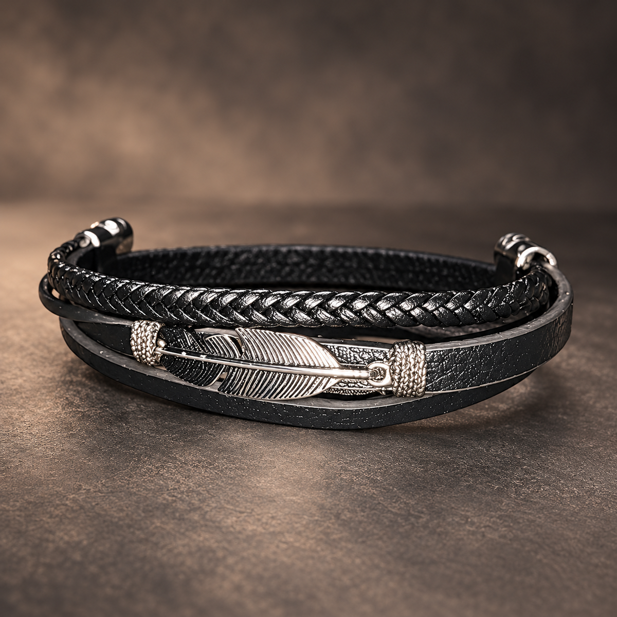 Black PU Leather Feather Bracelet