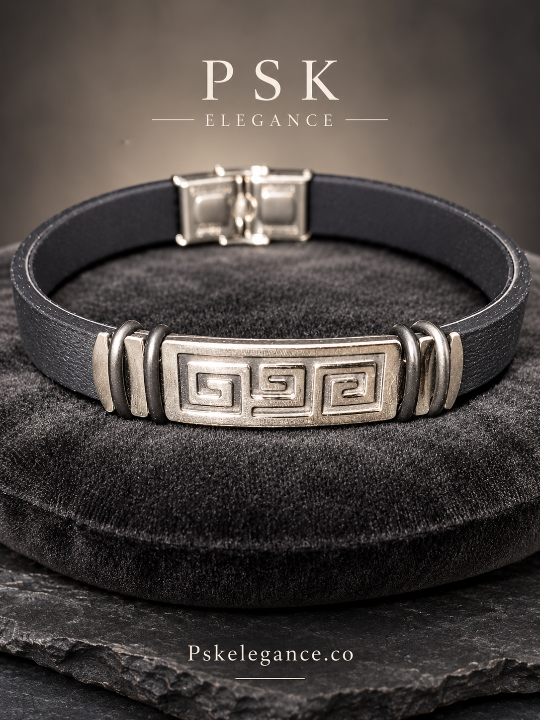 Men’s Black PU Leather Bracelet with Greek Key Detail