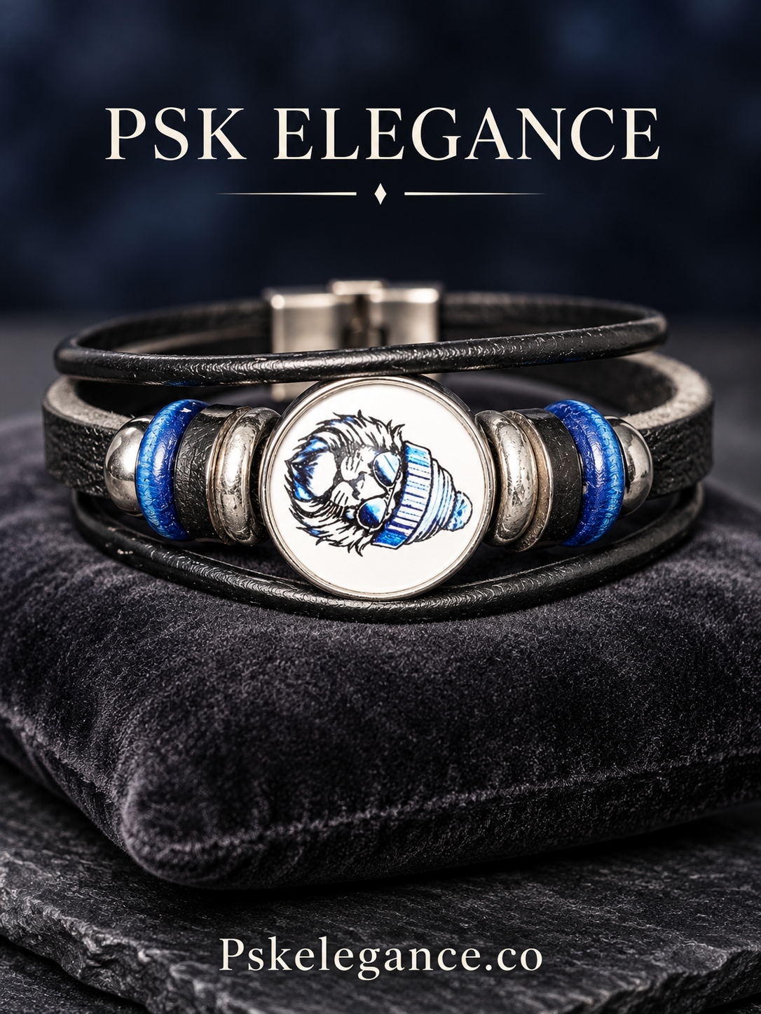 Black Layered Bracelet with Blue Accents & Graphic Charm