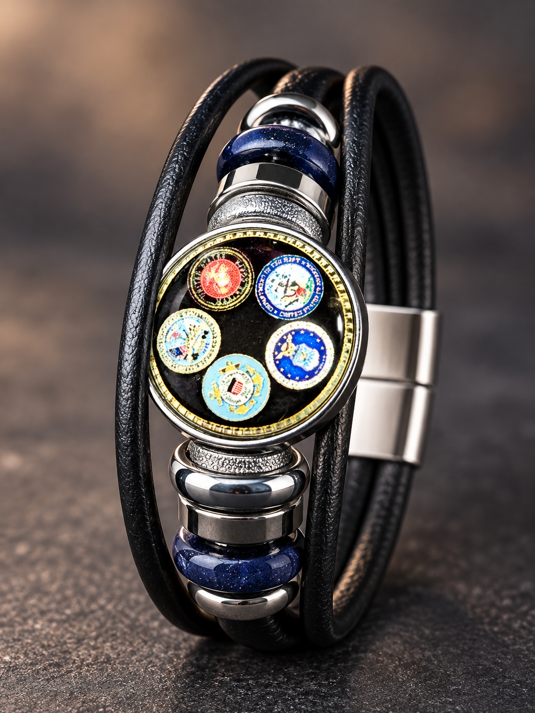 Black PU Leather Sports Medallion Bracelet