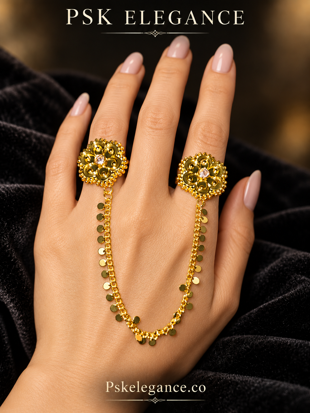 Gold-Tone Floral Double Ring with Coin Charm Chain