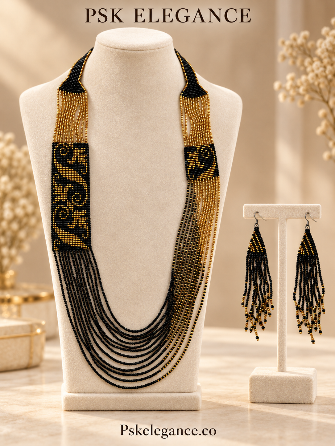 Black & Gold Beaded Statement Necklace and Fringe Earrings Set
