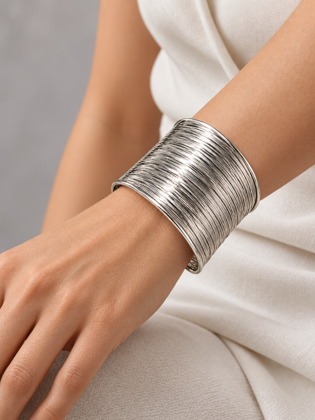 Textured Silver-Tone Open Cuff Bangle