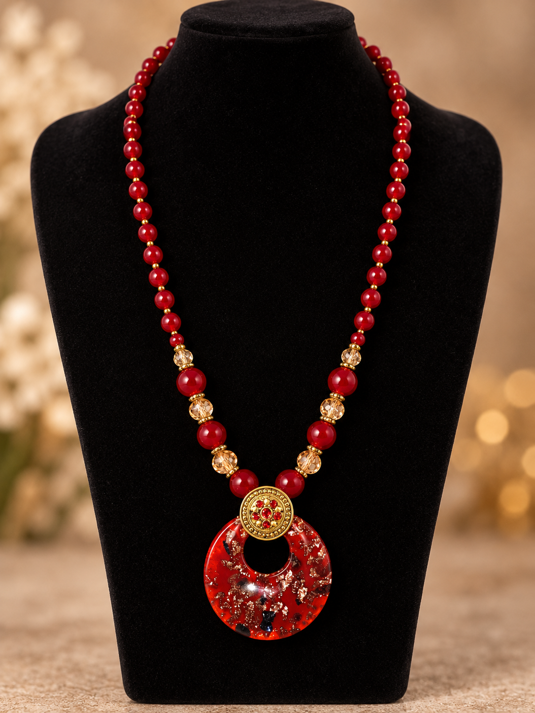 Red Beaded Necklace with Open-Circle Pendant
