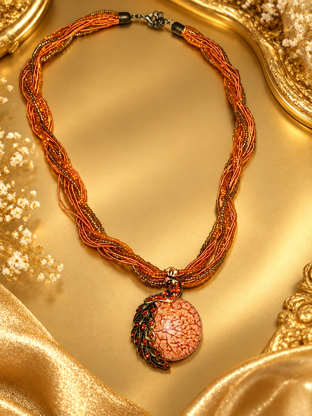 Copper-Orange Peacock Pendant Necklace | PSK ELEGANCE
