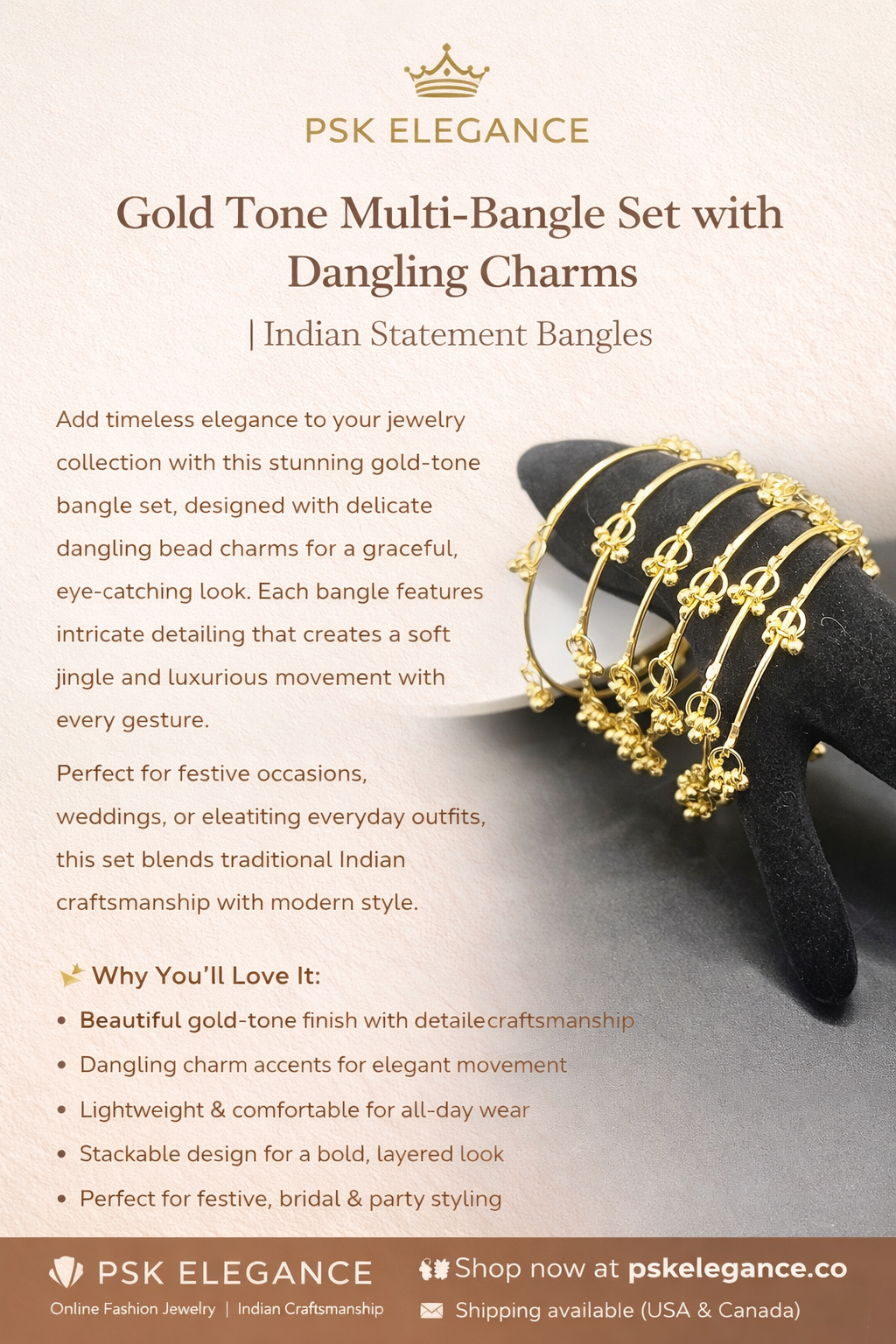 Gold Tone Multi-Bangle Set with Dangling Charms | Indian Statement Bangles