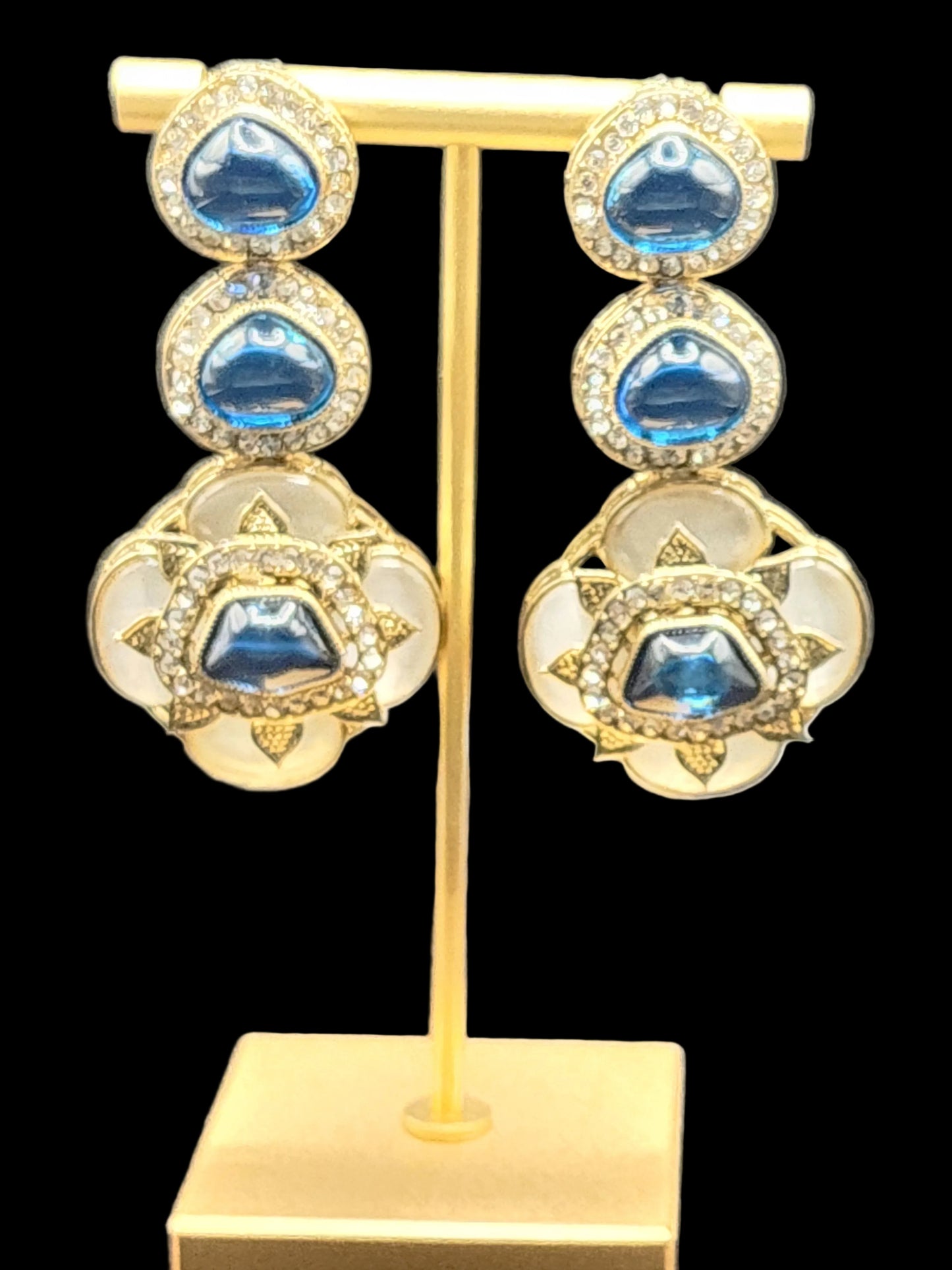 Sapphire Blue Kundan Floral Drop Earrings – Elegant Statement Luxe