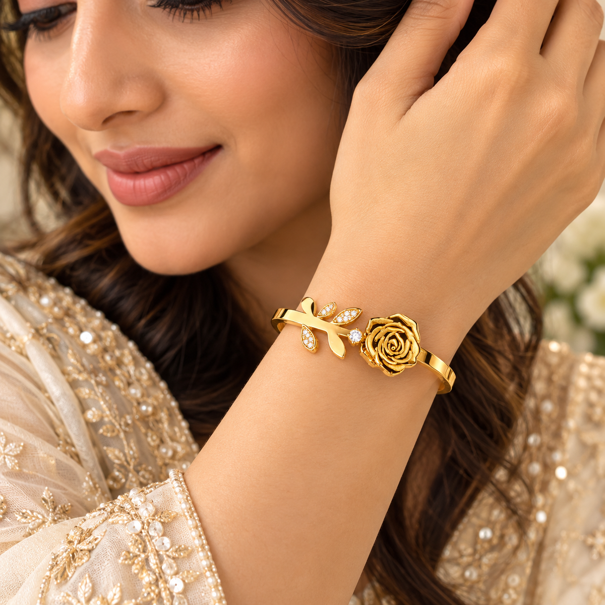 Gold-Tone Rose Floral Cuff Bracelet