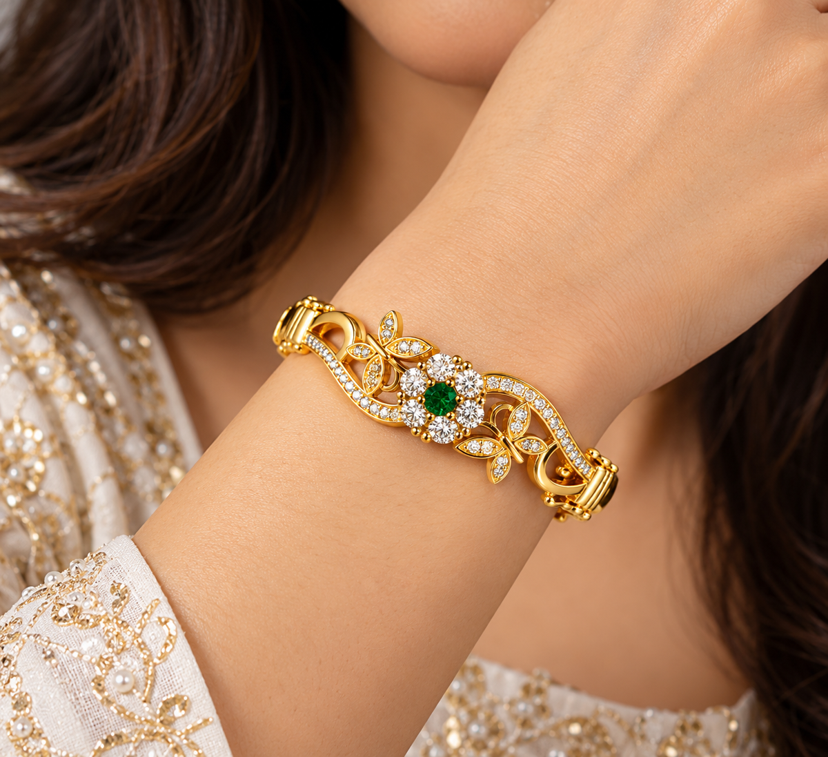Gold-Tone Green Stone Floral Crystal Bangle