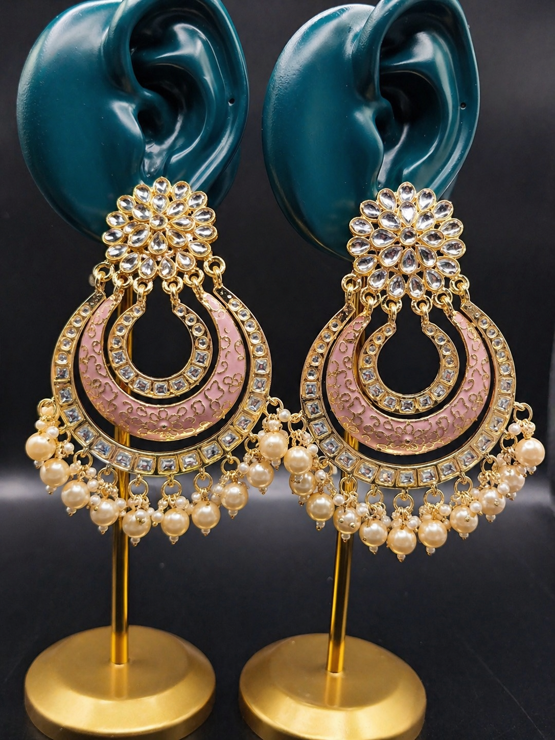 Blush Pink Kundan Chandbali Earrings | Pearl Drop Indian Statement Earrings