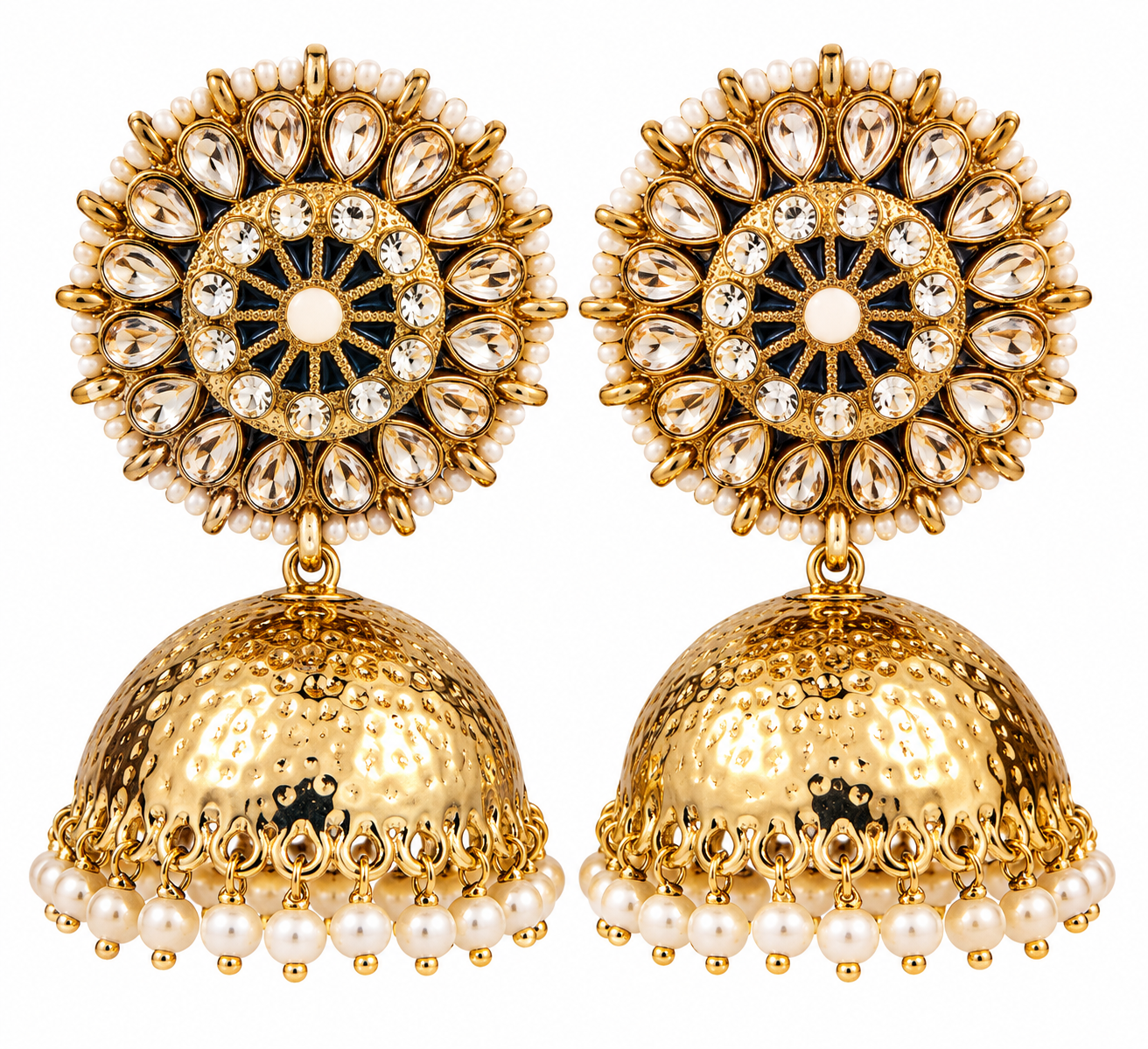 Gold Meenakari Jhumka Earrings | Pearl & Kundan-Style Statement Earrings