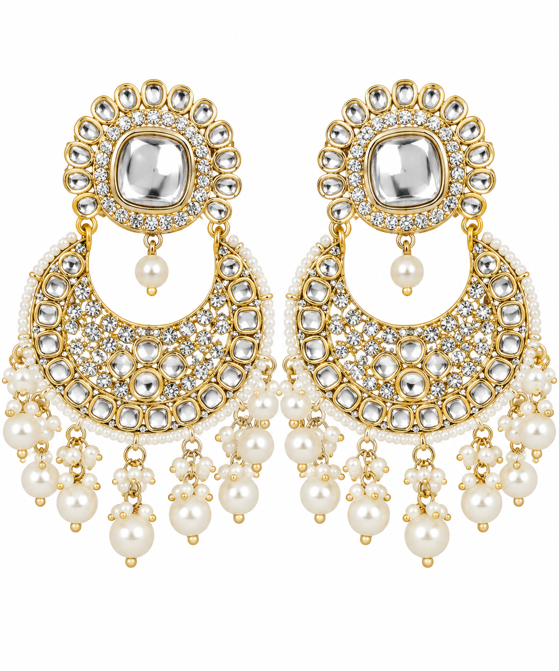 Gold & Pearl Kundan-Style Chandelier Statement Earrings
