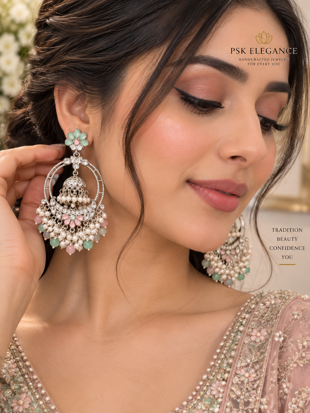 Mint Green & Blush Pink Pearl Chandbali Earrings | PSK ELEGANCE