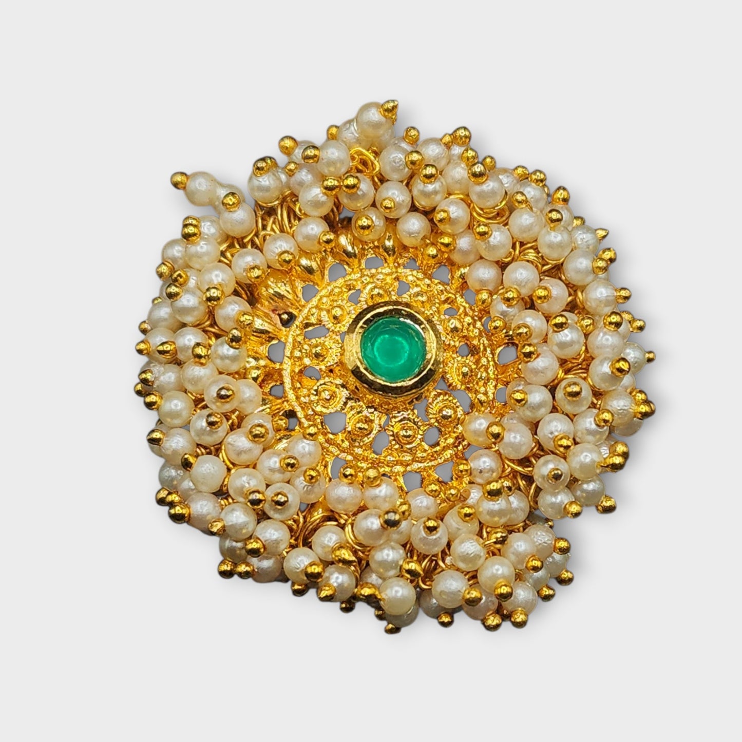 PSK ELEGANCE Pearl & Green Stone Statement Ring | Gold Traditional Adjustable Cocktail Ring for Women
