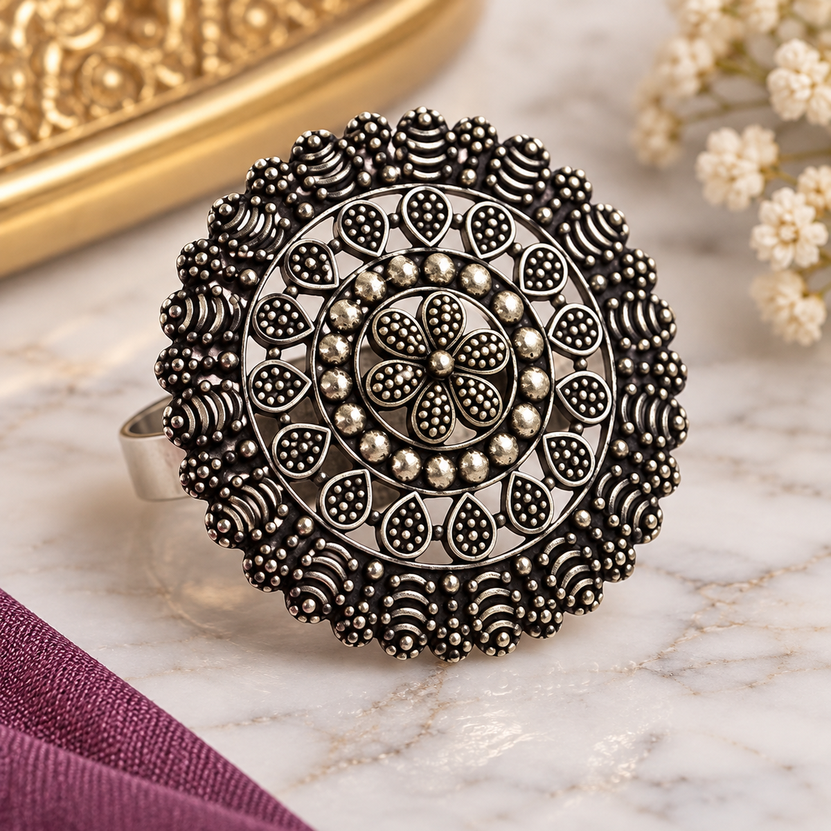 Oxidized Silver Design Cocktail Ring | Indian Statement Ring