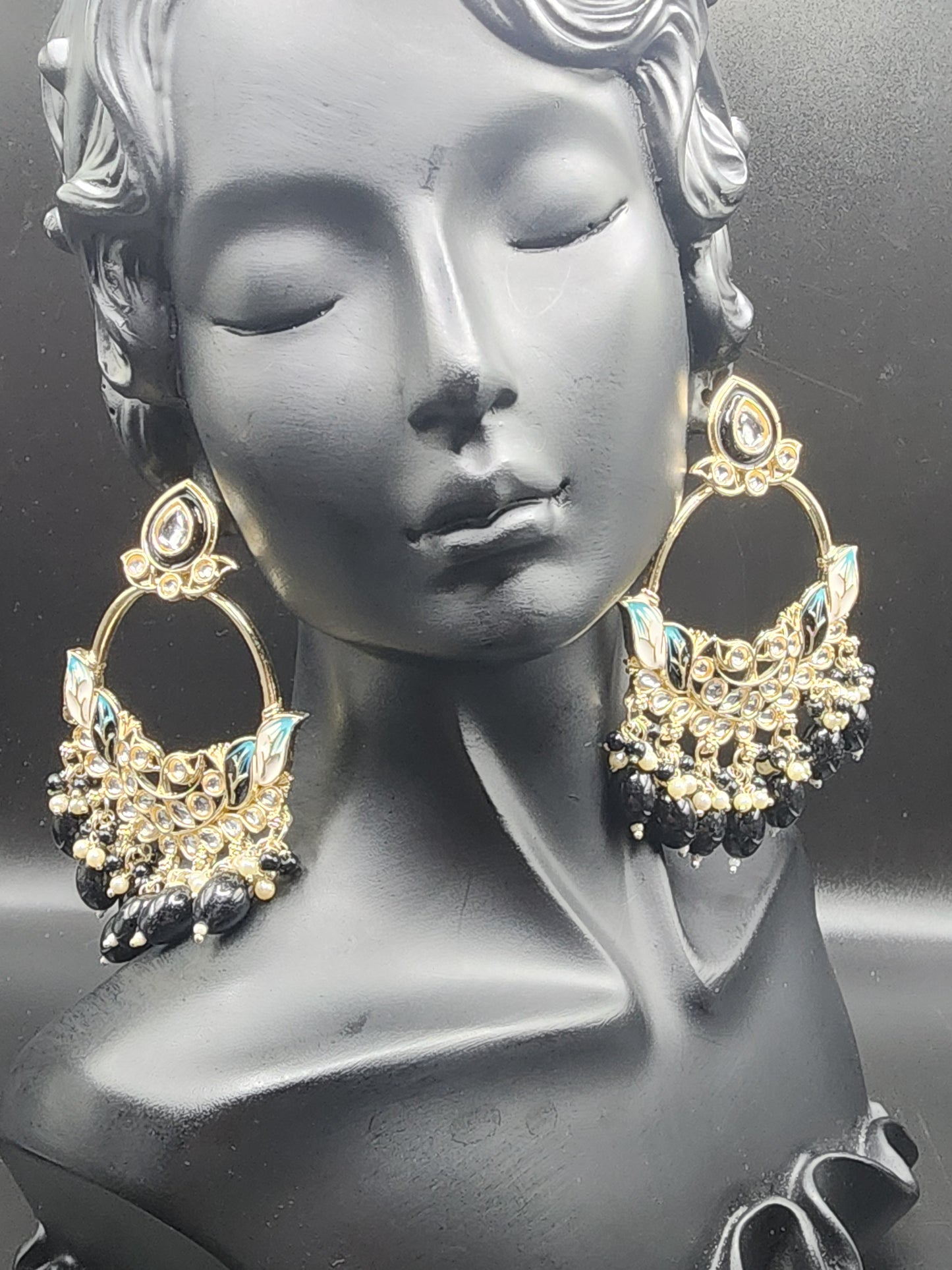 Black & Teal Meenakari Statement Hoop Earrings with Pearl Drops – Luxe Edition