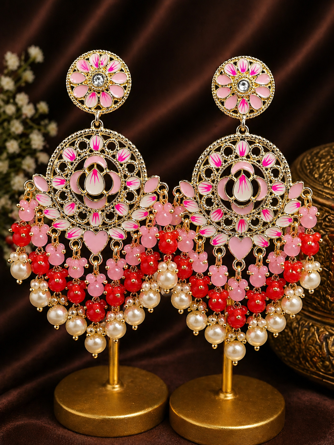 Pink Red Floral Chandbali Earrings | Pearl Bead Indian Statement Earrings