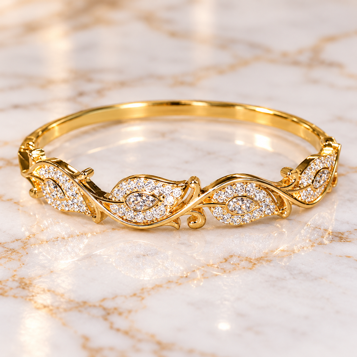 Gold-Tone Crystal Leaf Bangle Bracelet – Elegant Floral Vine Design
