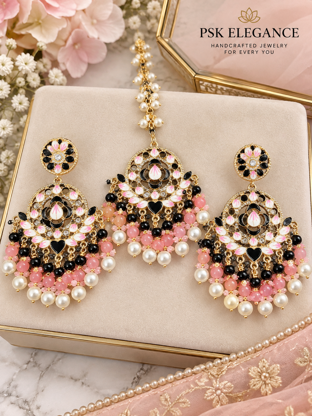 Pink, Black & Pearl Kundan 3-Piece Earring & Maang Tikka Set | PSK ELEGANCE