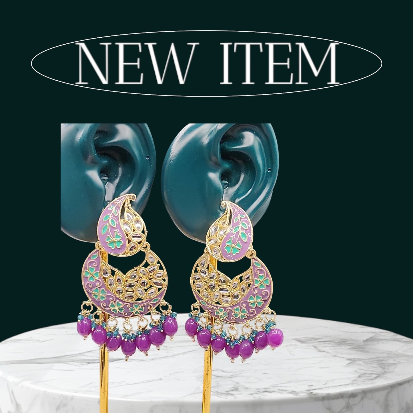 Lavender Paisley Kundan Chandbali Earrings | Purple Bead Indian Statement Earrings