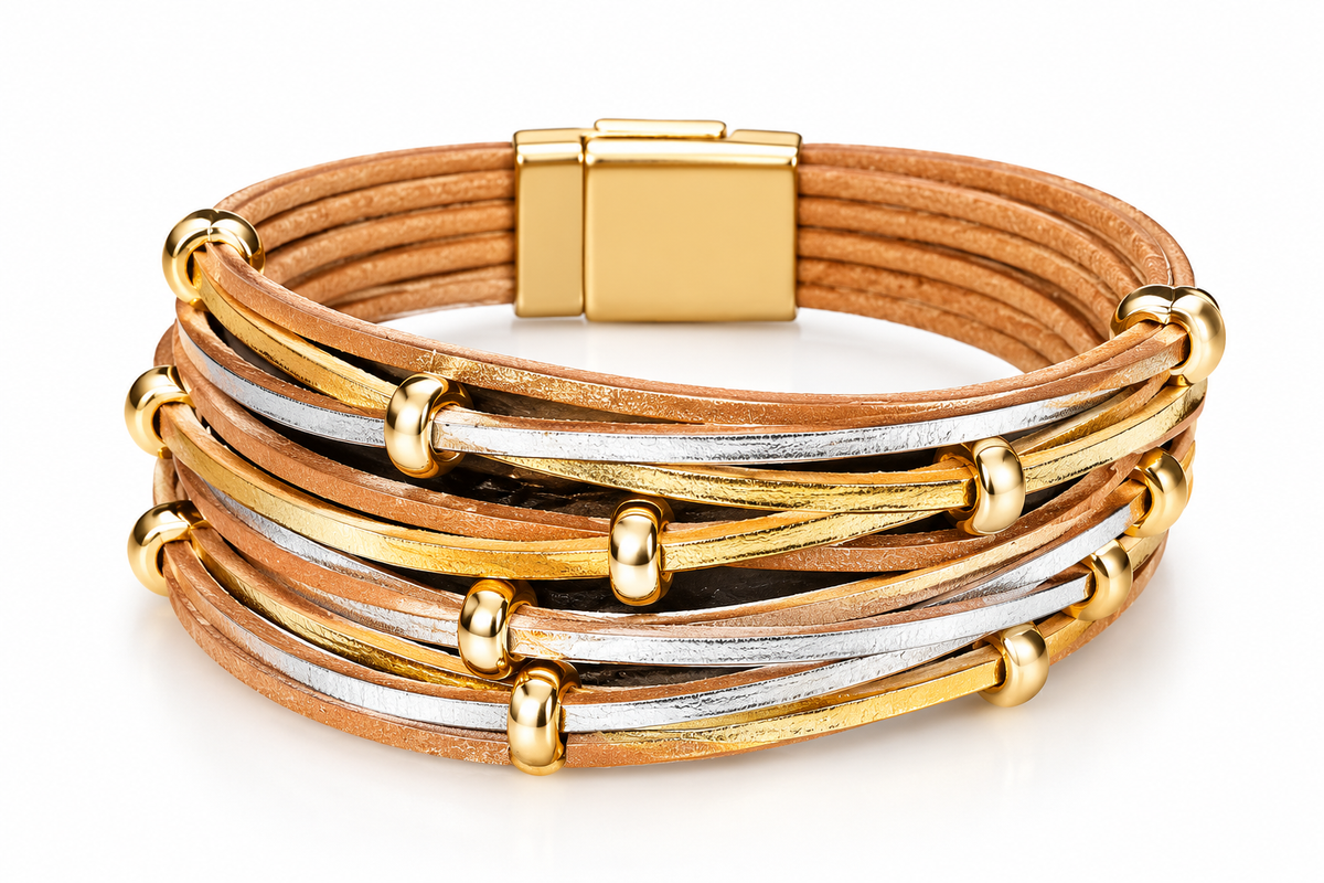 Women's Tan Multilayer PU Leather Bracelet – Gold & Silver Accents