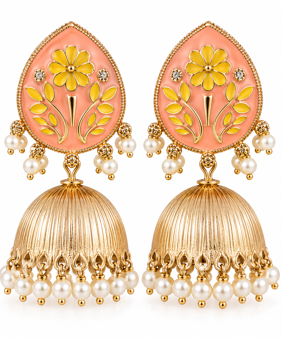 Peach Floral Meenakari Jhumka Earrings with Pearl Drops