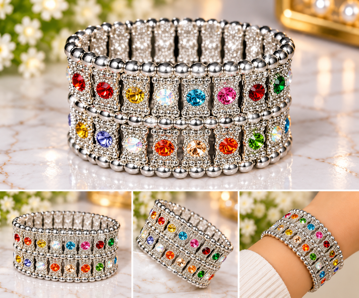 Multicolor Crystal Silver-Tone Statement Cuff Bracelet | PSK ELEGANCE